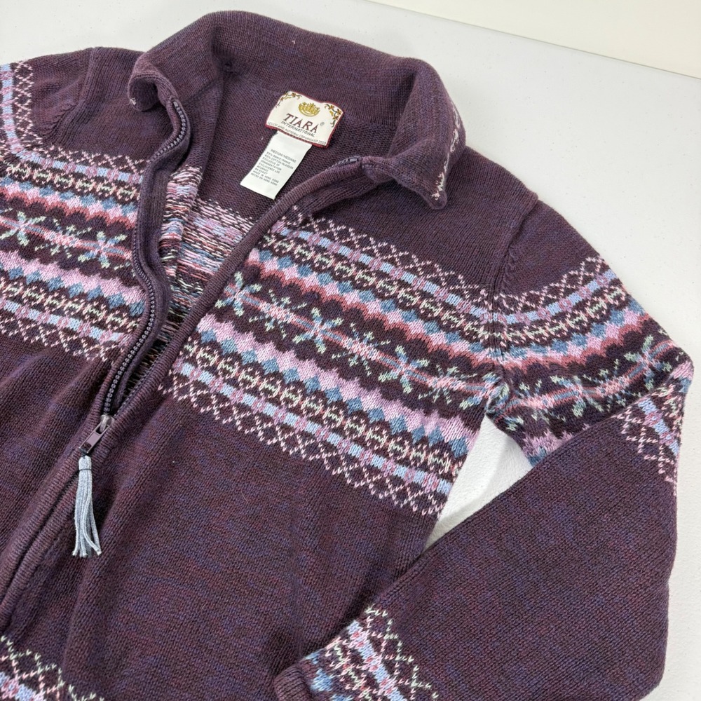 Tiara International Purple Fair Isle Zip Front Cardigan Sweater Women Medium
